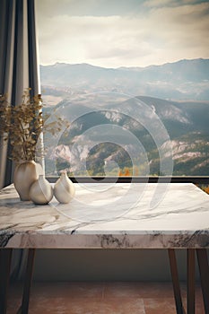 White marble table top in front of mountain landscape. 3d render