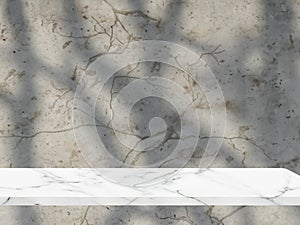 White Marble Table with Tree Shadow on Concrete Wall Texture Background
