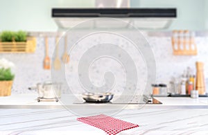 White marble texture  table  top on blurred kitchen background