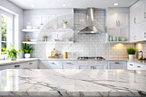White marble texture table top on blurred kitchen background