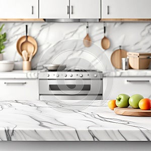 White marble texture table top on blurred kitchen interior background
