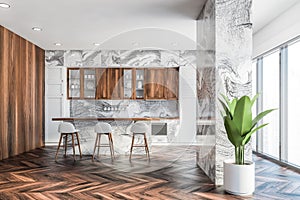 White marble and wood kitchen interior with bar