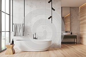 White marble and wooden bathroom interior with tub and sink