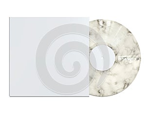 White Marbled Vinyl Disc Mock Up. Modern LP Vinyl Record with White Cover Sleeve and White Label Isolated on White Background.