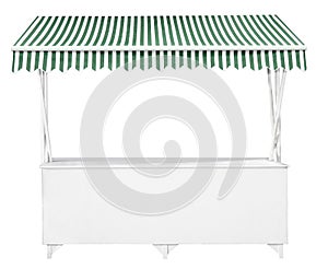 White market stall with green striped awning