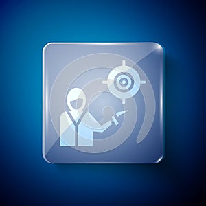 White Marketing target strategy concept icon isolated on blue background. Aim with people sign. Square glass panels