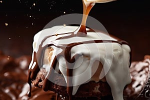 White marshmallow being dipped into melted chocolate, capturing the exact moment when it is lifted, resulting in a splash of