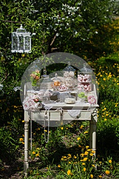 White marshmallows. green and pink marshmallows. candied fruit on a white table