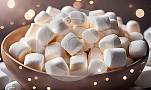 White marshmallows in a wooden bowl on a bokeh background