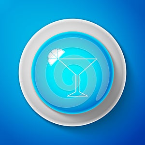 White Martini glass icon isolated on blue background. Cocktail with lime symbol. Circle blue button with white line