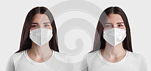 White mask template with exhalation valve FFP3 on a dark-haired nurse, a girl in a medical mask with and without a filter, photo
