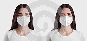 White mask template with exhalation valve FFP3 on a dark-haired nurse, a girl in a medical mask with and without a filter,