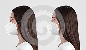 White mask template with exhalation valve FFP3 on a nurse, a girl in a medical mask with and without a mechanical filter