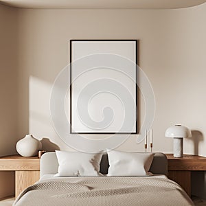 White master bedroom with vertical poster