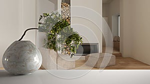 White mat table shelf with round marble vase and potted bonsai, green leaves, over minimalist living room with fireplace, modern