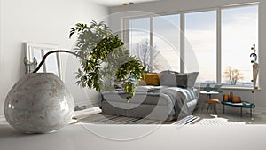 White mat table shelf with round marble vase and potted bonsai, green leaves, over modern bedroom with panoramic window, modern