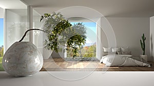 White mat table shelf with round marble vase and potted bonsai, green leaves, over modern bedroom with panoramic window, modern