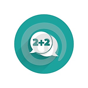 White Math system of equation solution on speech bubble icon isolated with long shadow. Green circle button. Vector