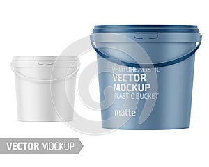 White matte plastic bucket mockup with label.