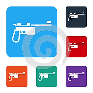White Mauser gun icon isolated on white background. Mauser C96 is a semi-automatic pistol. Set icons in color square