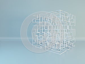 The white maze cube. Square mesh abstract lines. 3d rendering