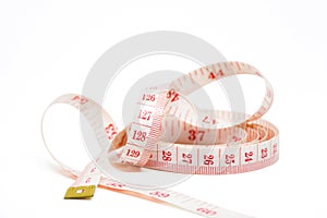 White measuring tape isolated on white background.