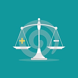 White mechanical scales with plus and minus in pans. value, solution and rationality balance