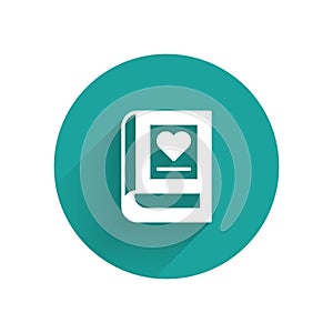 White Medical book icon isolated with long shadow. Green circle button. Vector