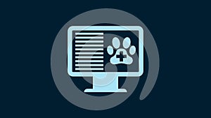 White Medical clinical record pet on monitor icon isolated on blue background. Health insurance form. Prescription