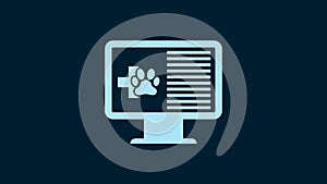 White Medical clinical record pet on monitor icon isolated on blue background. Health insurance form. Prescription