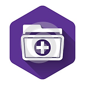 White Medical health record folder for healthcare icon isolated with long shadow. Patient file icon. Medical history
