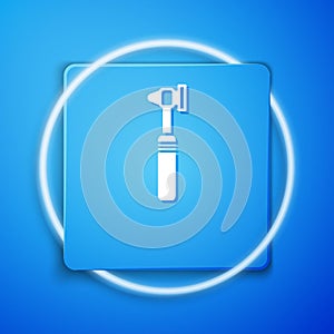 White Medical otoscope tool icon isolated on blue background. Medical instrument. Blue square button. Vector