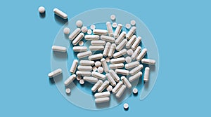 White medical pills and capsules or vitamines on blue background. Copy space.