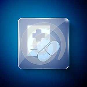 White Medical prescription icon isolated on blue background. Rx form. Recipe medical. Pharmacy or medicine symbol