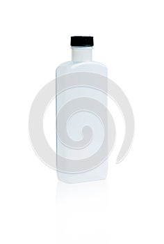 White medicine bottle with black cap and blank label isolated on white background with copy space. PET Polyethylene terephthalate