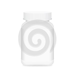 White medicine bottle and white label, bottle plastic white packaging single blank for template design white background, package