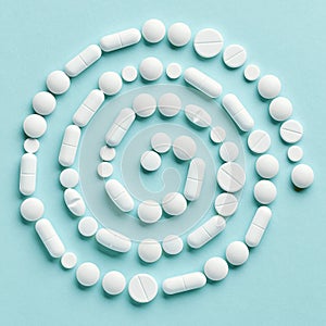 White medicine pills on blue background