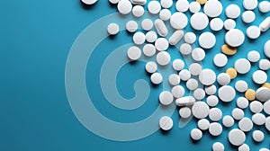 White medicine tablets antibiotic pills on soft blue background. Generative AI