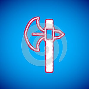 White Medieval axe icon isolated on blue background. Battle axe, executioner axe. Medieval weapon. Vector