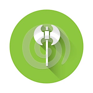 White Medieval axe icon isolated with long shadow. Battle axe, executioner axe. Medieval weapon. Green circle button