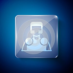 White Medieval knight icon isolated on blue background. Square glass panels. Vector