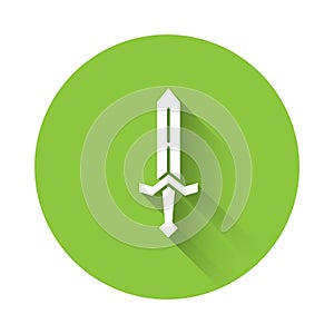 White Medieval sword icon isolated with long shadow. Medieval weapon. Green circle button. Vector