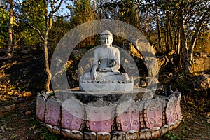 White meditating Buddha statue sits on the rock pile among forest trees in the afternoon time at India. Great religious