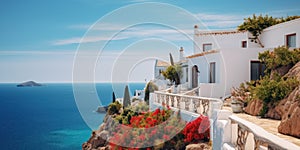 White Mediterranean villa on cliff decorated with red flowers and green plants, with terrace on the shore of the blue sea