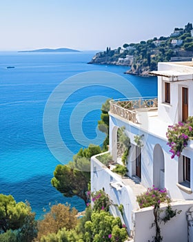 White Mediterranean villa on cliff with several floors decorated with pink flowers and plants, with balconies on the shore of the