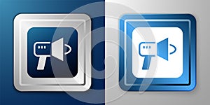 White Megaphone icon isolated on blue and grey background. Speaker sign. Silver and blue square button. Vector