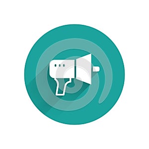 White Megaphone icon isolated with long shadow background. Speaker sign. Green circle button. Vector