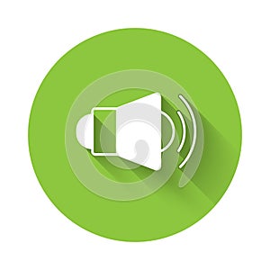 White Megaphone icon isolated with long shadow background. Speaker sign. Green circle button. Vector