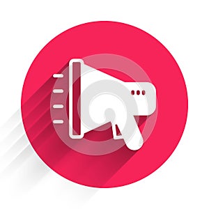 White Megaphone icon isolated with long shadow background. Speaker sign. Red circle button. Vector