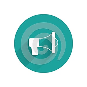 White Megaphone icon isolated with long shadow. Speaker sign. Green circle button. Vector